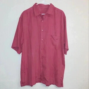 Palmwave Mens Button-Up Shirt Red Short Sleeve 100% Silk Spread Collar Pocket XL
